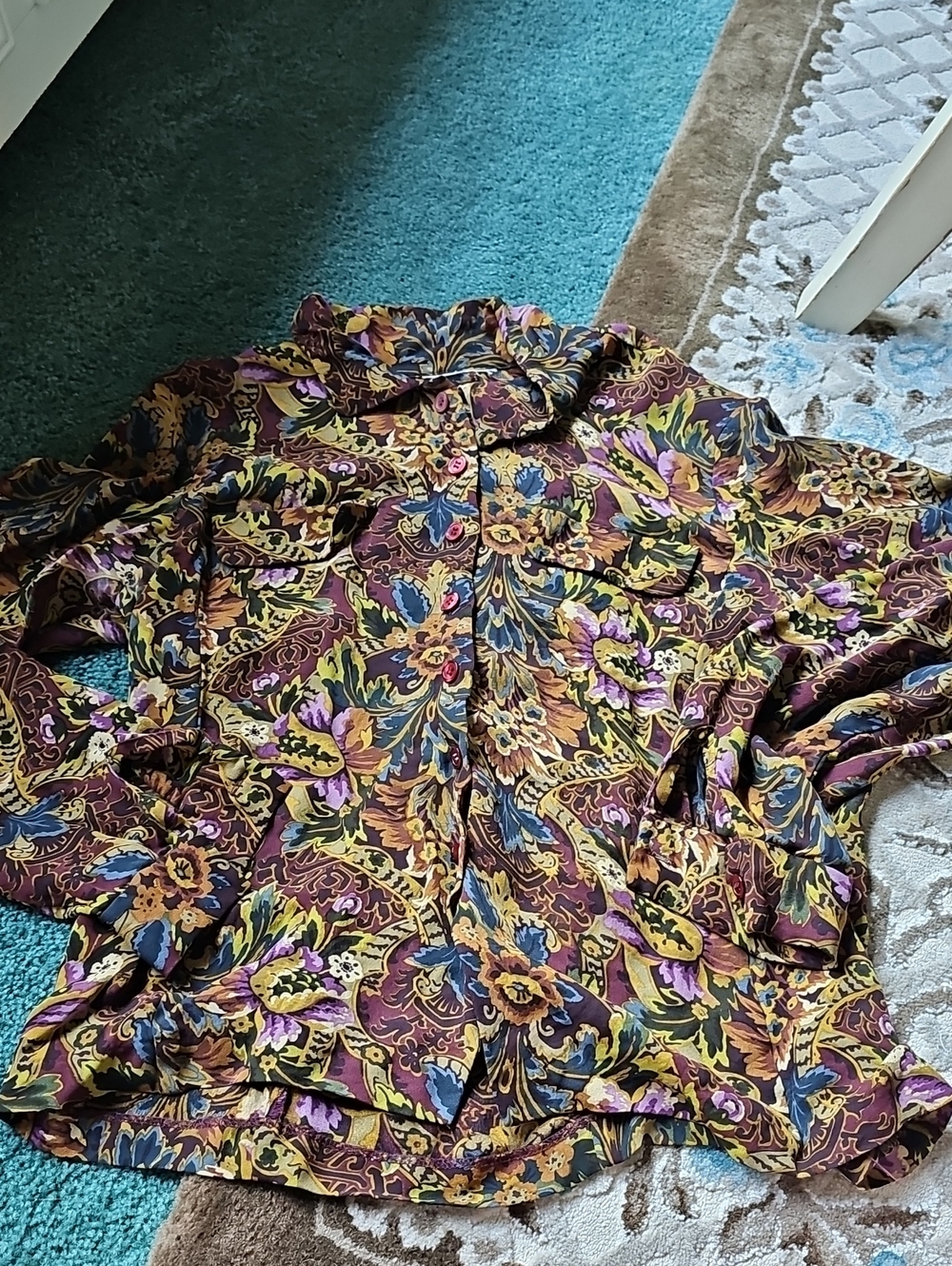 Floral Paisley Button-Up Blouse in Burgundy, Mustard & Blue